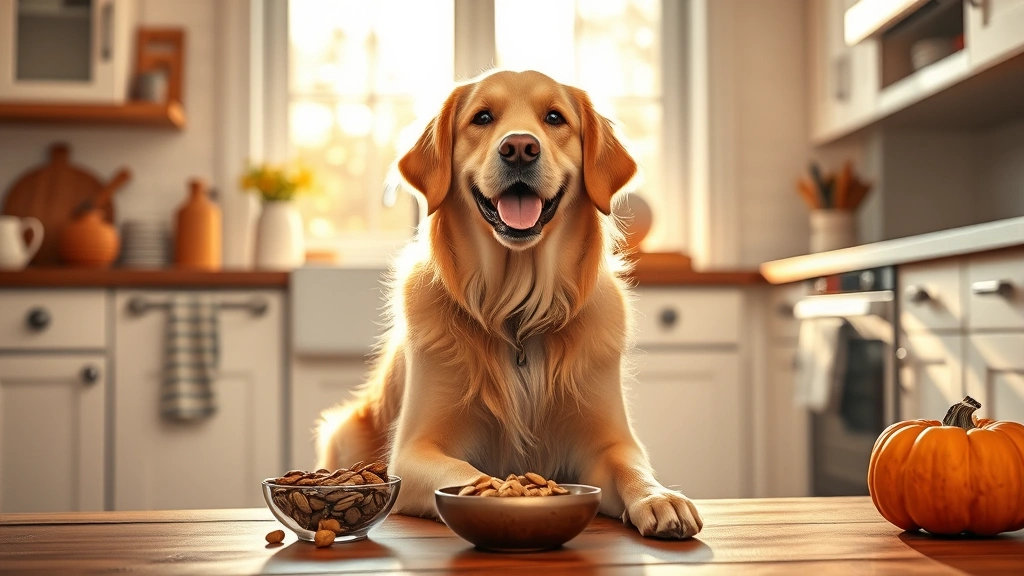 can dogs have pumpkin seeds - A happy golden retriever sitting in a bright kitchen with a small bowl of pumpki