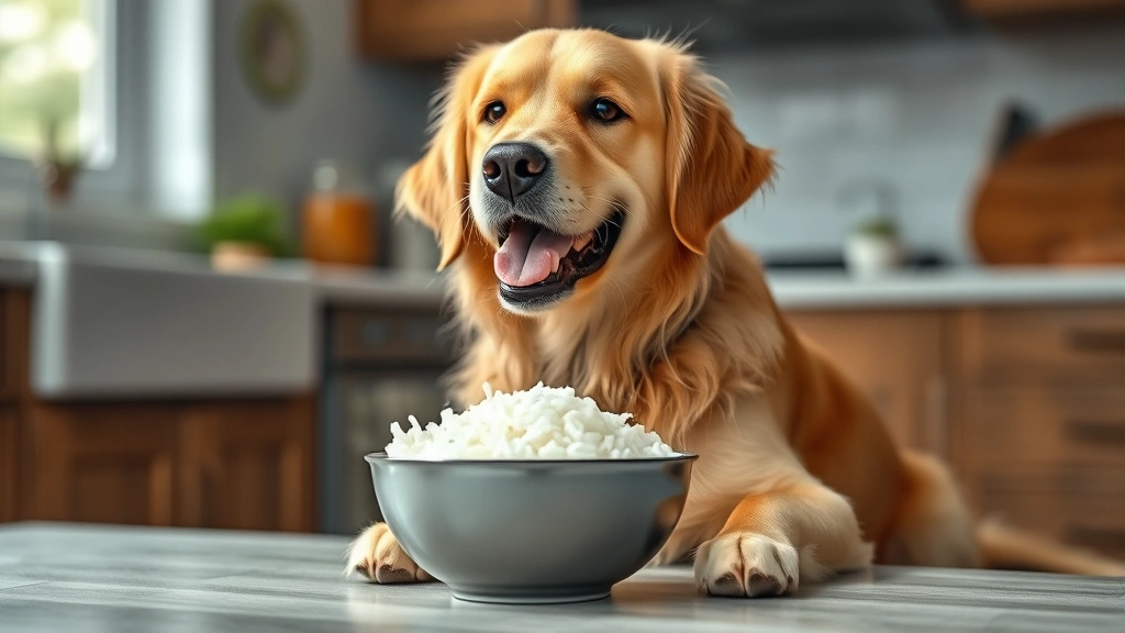 can dogs have rice - A happy golden retriever sitting in front of a bowl of plain white rice, looking