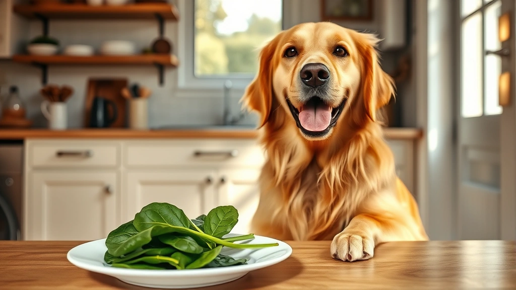 can dogs have spinach - A happy golden retriever sitting in a bright kitchen next to a fresh spinach lea