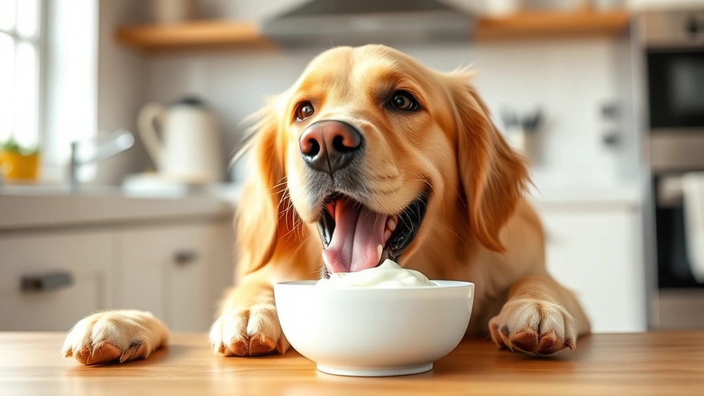 Golden retriever happily eating a small bowl of plain white yogurt from a ceramic dish, bright kitchen background, natural daylight, friendly expression