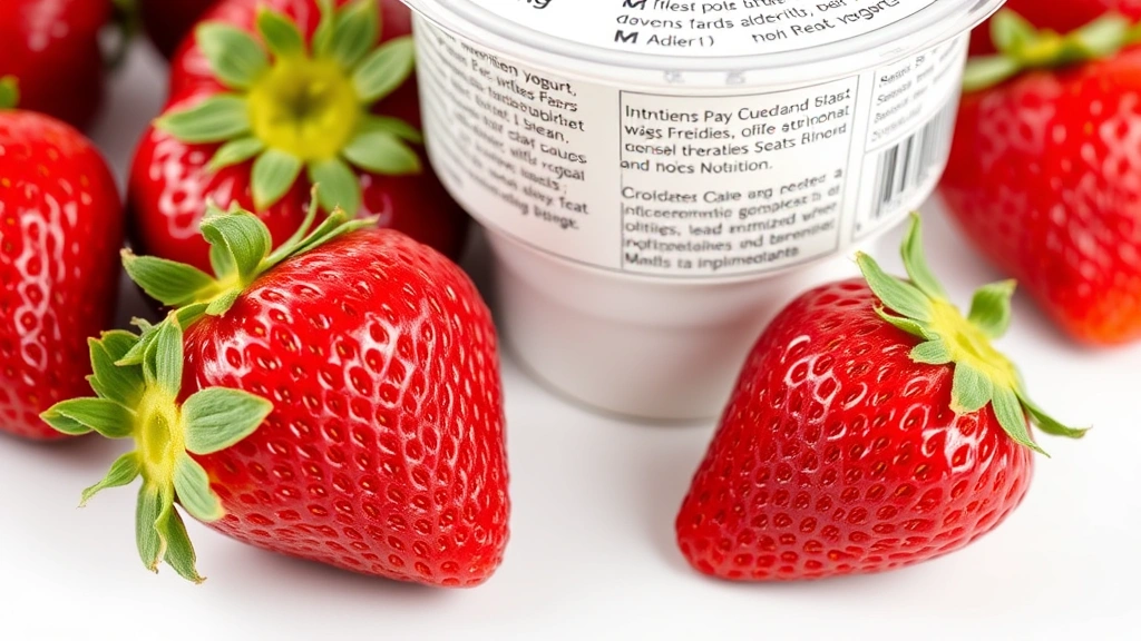 Close-up of fresh strawberries next to a yogurt container with ingredient label visible, showing nutritional information on packaging, clean white surface