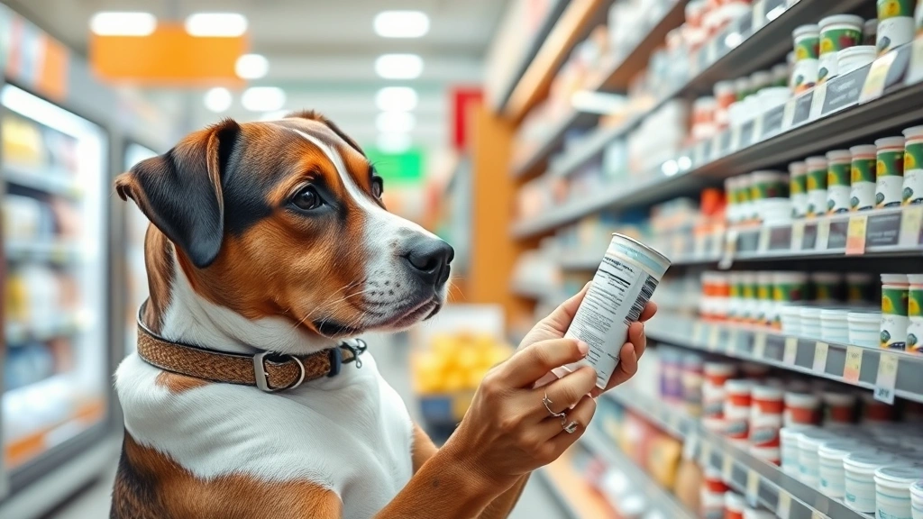 Dog owner reading yogurt ingredient label carefully at grocery store, examining product in hand, concerned expression, shopping environment