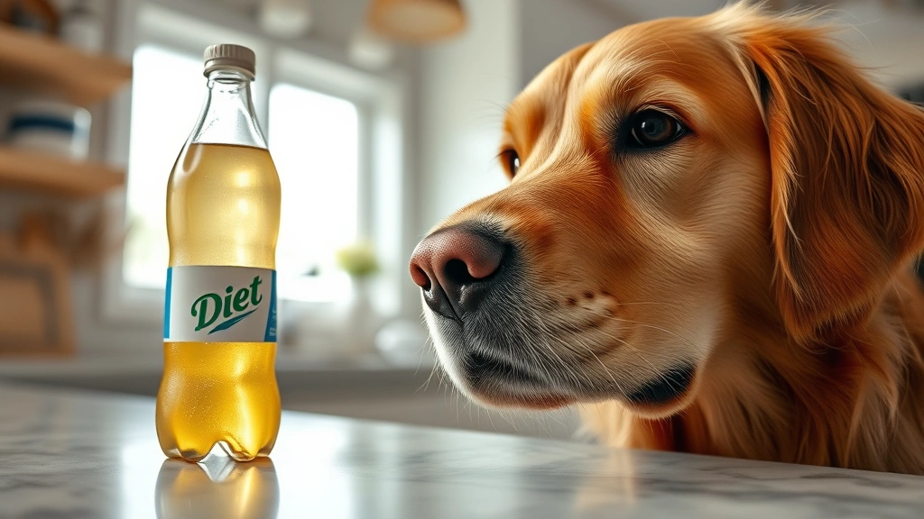 Close-up of a golden retriever's face looking curiously at a diet soda bottle on a kitchen counter, natural lighting, photorealistic