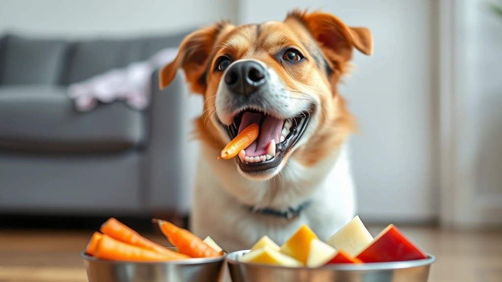 A happy medium-sized dog enjoying fresh carrot sticks and apple slices from a bowl, bright daylight, indoor setting, realistic photography