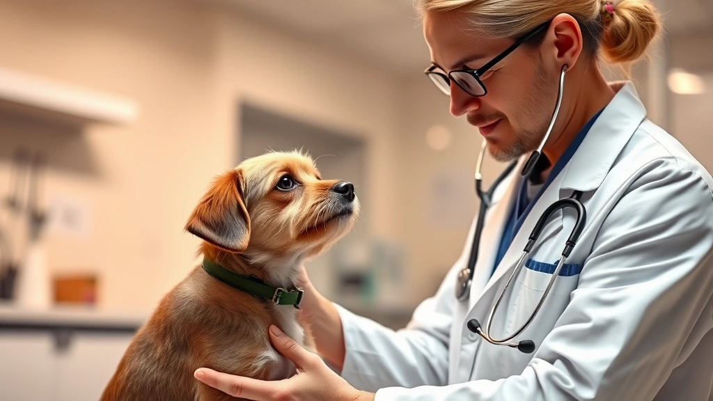 Veterinarian in white coat examining a small dog with a stethoscope in a modern clinic, warm professional lighting, detailed photorealistic style