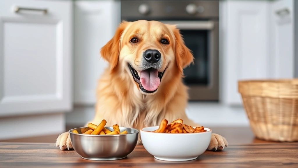 can dogs have sweet potatoes - A happy golden retriever sitting in front of a bowl containing cooked