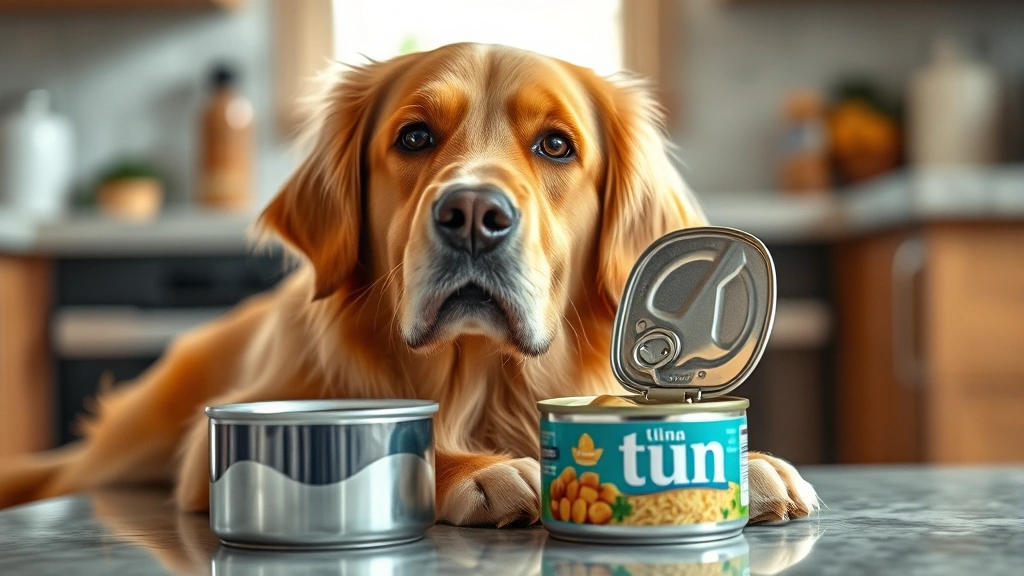 can dogs have tuna - A golden retriever sitting next to an open can of tuna with a curious expression