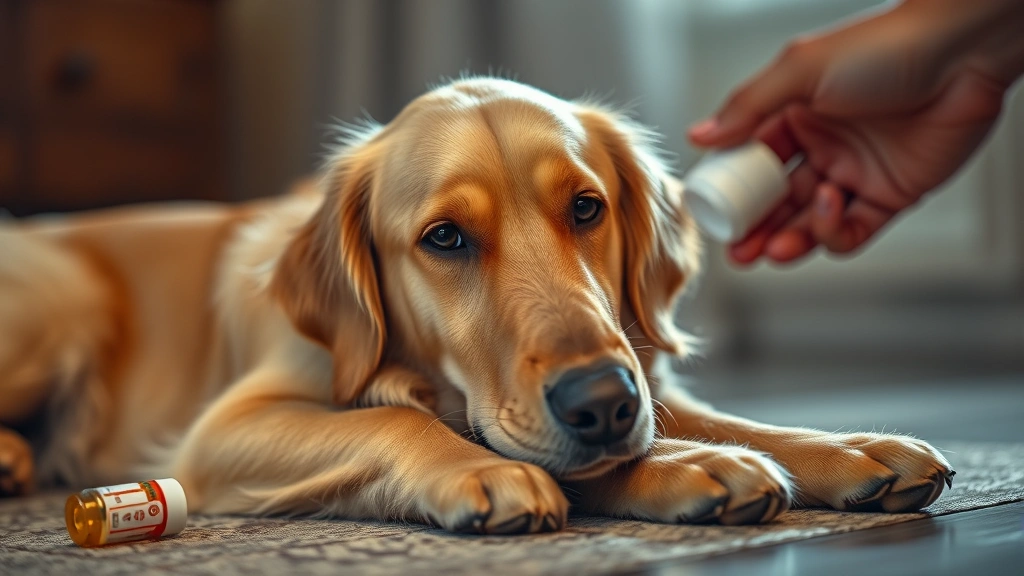 can dogs have tylenol - A golden retriever lying down looking uncomfortable, hand reaching toward medici