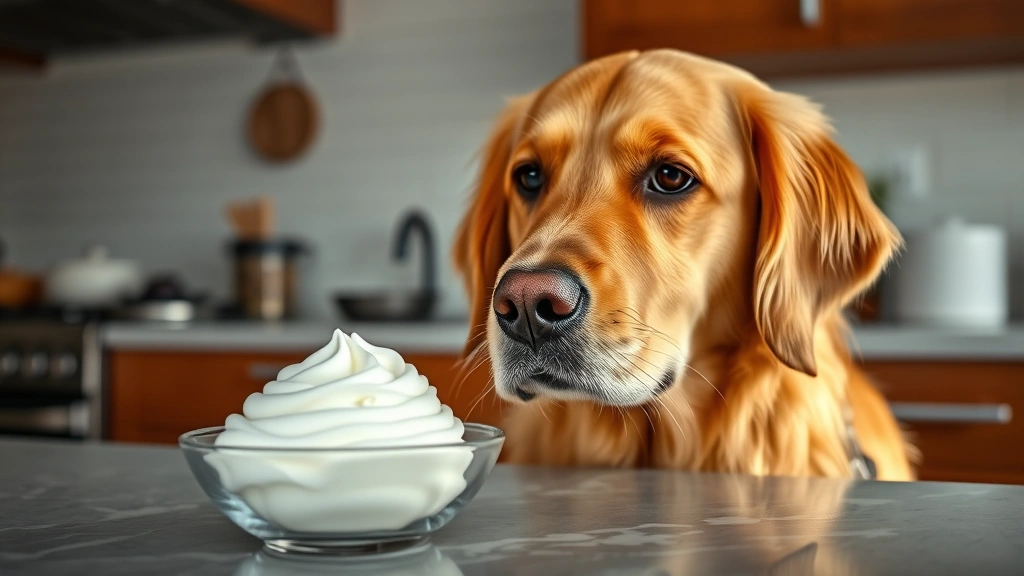 Golden Retriever looking at bowl of whipped cream on kitchen counter, curious expression, natural lighting, close-up of dog's face