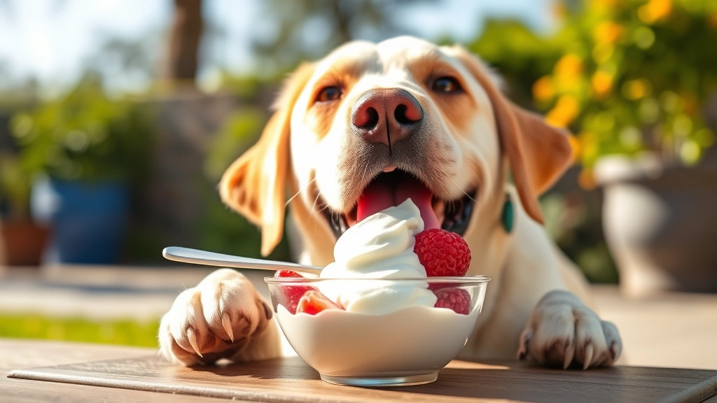 Happy Labrador eating frozen Greek yogurt from bowl, alternative treat, sunny outdoor setting, bright and playful