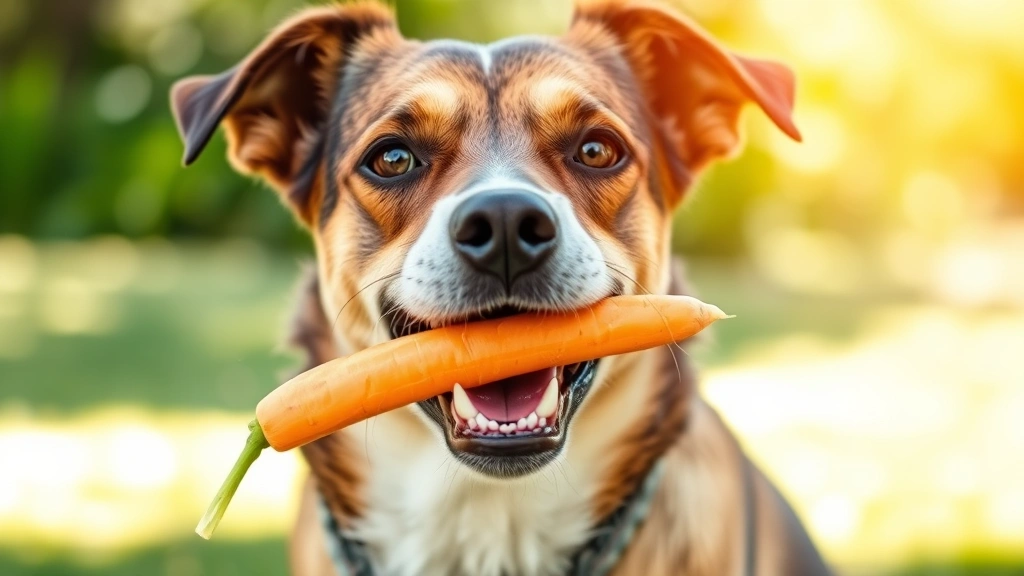 Mixed breed dog enjoying carrot stick, healthy vegetable treat, dog focused and satisfied, bright natural daylight