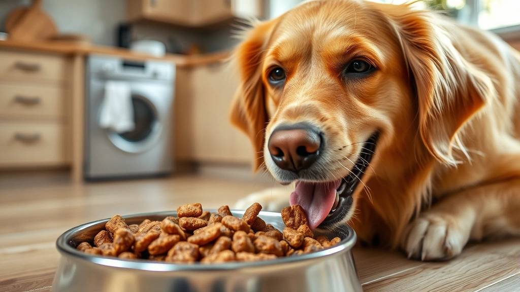 Golden Retriever happily eating from a metal bowl filled with wet dog food, close-up of the dog's face showing contentment and good health, natural lighting in a home kitchen setting