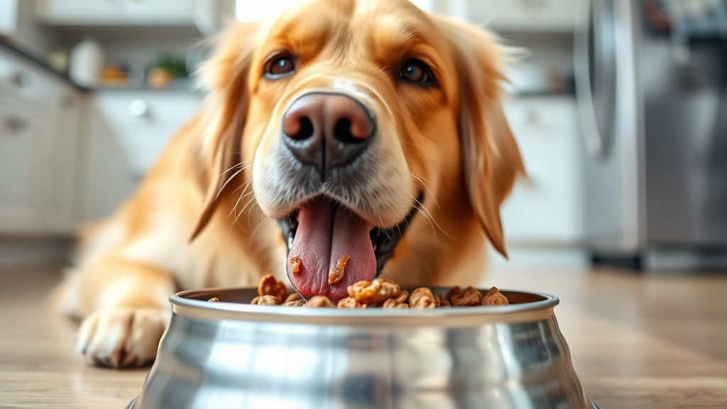 Golden Retriever eating from a stainless steel bowl containing wet dog food with visible texture, bright kitchen lighting, dog's happy expression, close-up of food and dog's face