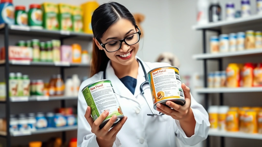 Veterinarian in white coat holding a wet dog food can, examining the label ingredients with a magnifying glass while smiling, professional clinic background with shelves of pet products