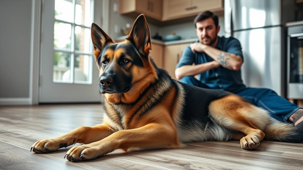 German Shepherd lying on kitchen floor looking uncomfortable with bloated belly, owner sitting nearby with concerned expression, natural daylight from window, realistic home setting