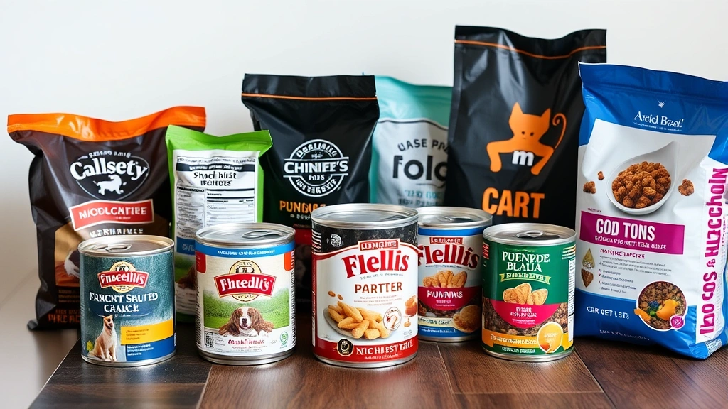 Multiple dog food cans and bags displayed on wooden table with ingredient labels visible, various brands and types, soft natural lighting, flat lay composition focusing on packaging