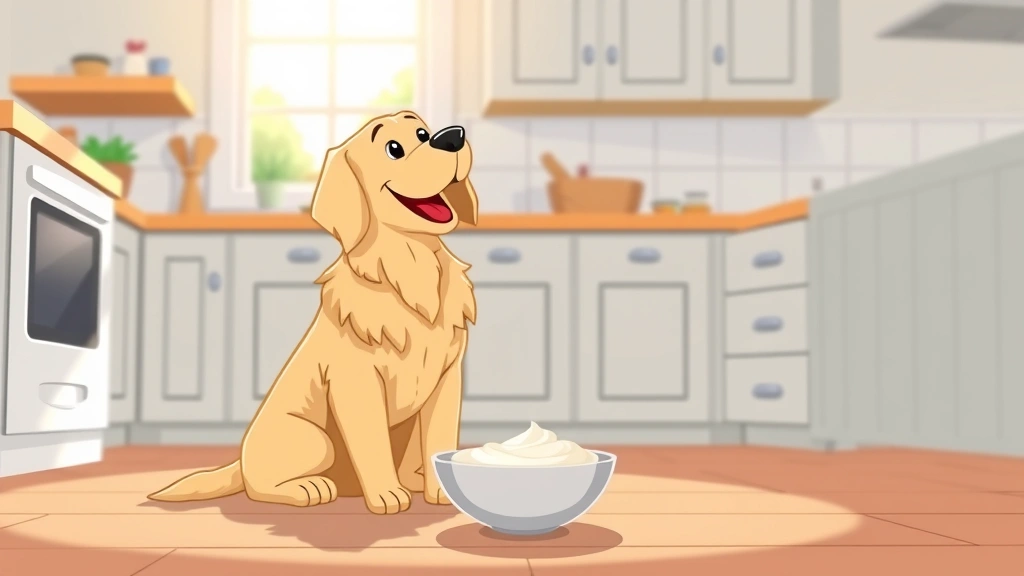 can dogs have yogurt - A happy golden retriever sitting in a kitchen, looking up at a small bowl of pla