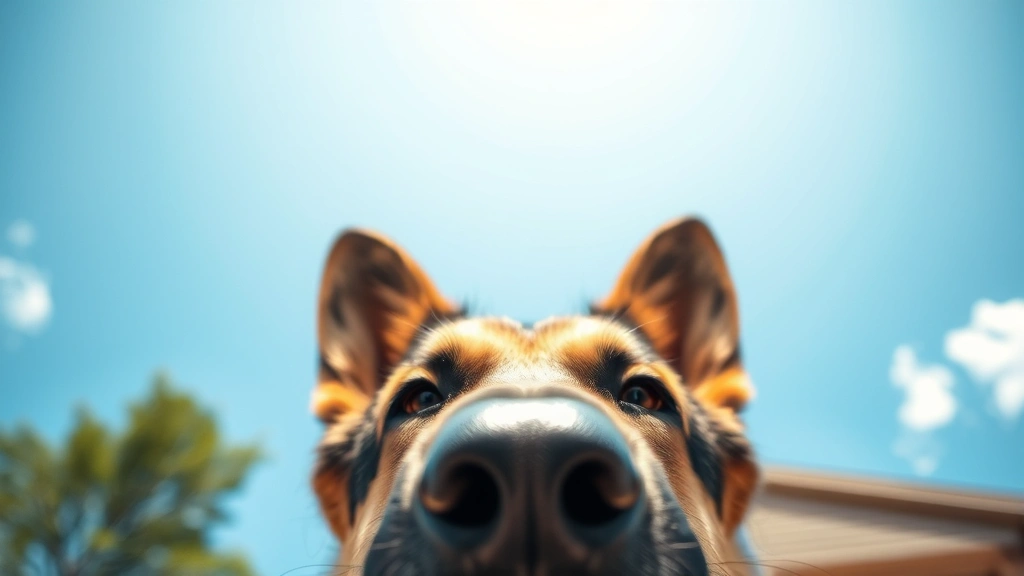 German Shepherd from below angle looking up at camera, showing full face with eyes gazing upward, bright natural lighting, outdoor background with blue sky