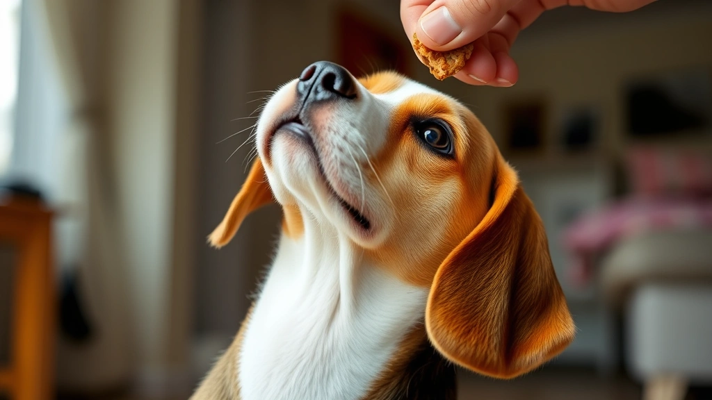 Beagle puppy tilting head while looking upward at treat held above, focused expression, indoor lighting, clear view of neck flexibility and eye position