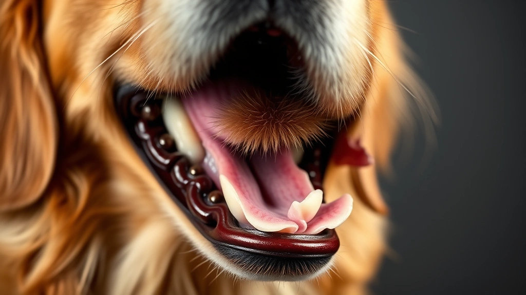 Close-up of a golden retriever's open mouth and throat area, showing the larynx region, professional veterinary photography style, soft lighting highlighting the throat structure