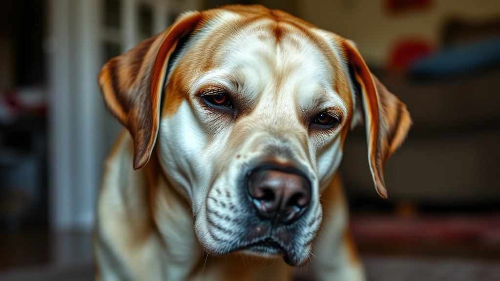 A tired-looking labrador with head down, appearing hoarse or unwell, soft natural light, dog in home setting looking fatigued and unwell