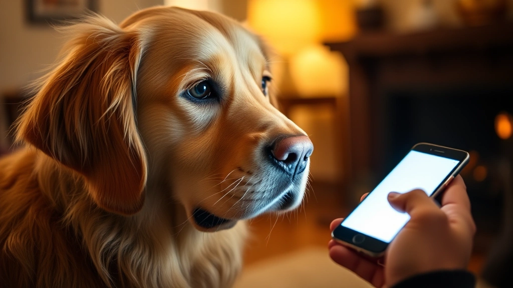 Golden Retriever looking intently at smartphone screen held in owner's hand, bright display reflecting in dog's eyes, indoor setting with warm lighting