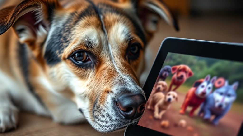 Close-up of dog's face beside tablet showing moving animals, dog's eyes focused and alert, demonstrating color perception differences in digital display