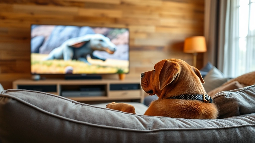 Dog lying on couch watching television, screen showing nature documentary with movement, illustrating flicker perception and screen engagement behavior