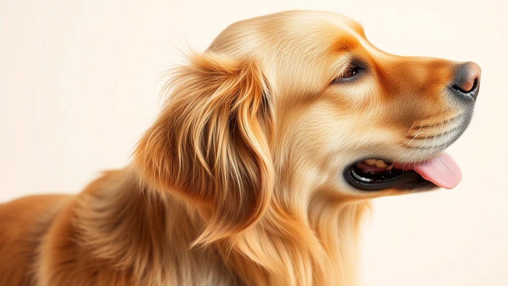 Golden Retriever scratching behind ear with reddened skin, sitting on light background, close-up of allergic reaction symptoms on dog