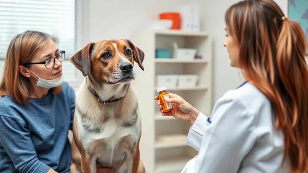 Veterinarian in white coat holding medication bottle discussing treatment with concerned dog owner in clinical setting, professional environment