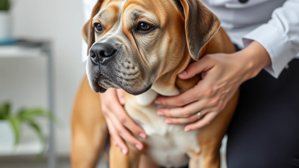 Senior dog with gray muzzle receiving gentle massage or physical therapy on hind legs from veterinary professional's hands