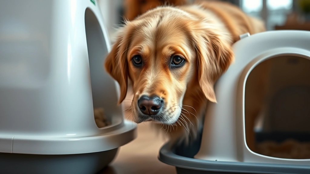Golden retriever looking at litter box with concerned expression, indoor home setting, realistic lighting, focus on dog's face and curiosity
