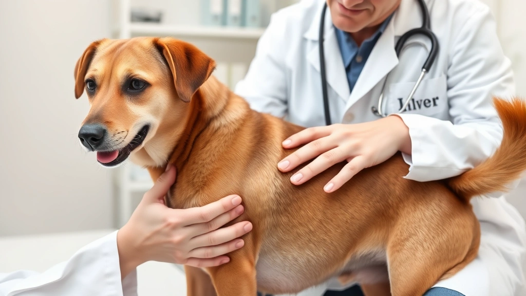 Veterinarian in white coat examining medium-sized dog's abdomen with stethoscope during checkup, clinical setting, professional medical environment, caring expression