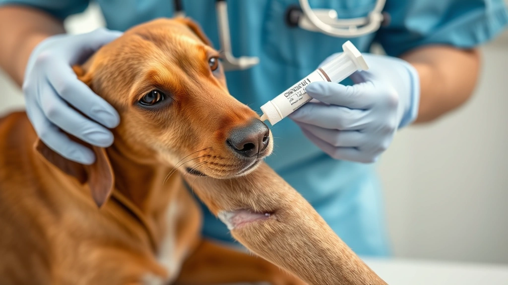 Veterinarian applying topical antiseptic ointment to a small cut on a brown dog's leg using applicator, professional clinical setting, caring hands