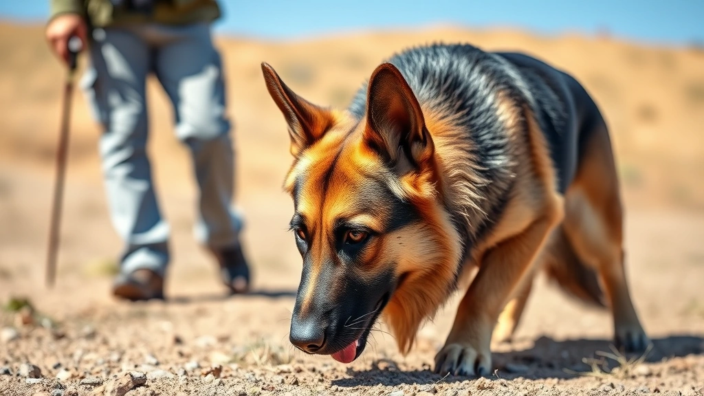 German Shepherd drug detection dog alertly sniffing ground during outdoor training exercise, professional handler nearby, sunny day with clear visibility