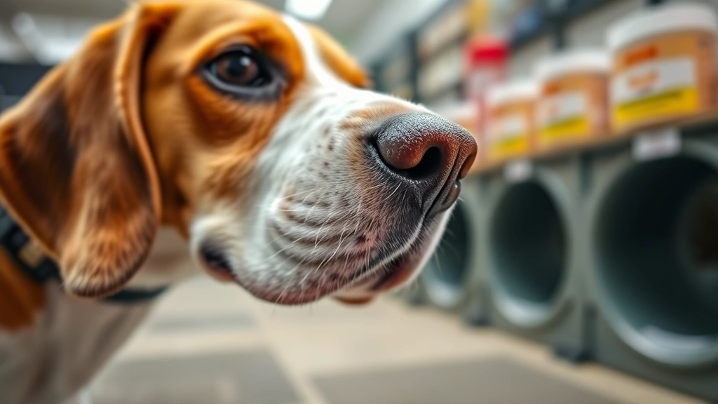 Close-up of beagle's nose actively detecting scents, intense focus expression, indoor training facility with various hidden substance containers visible