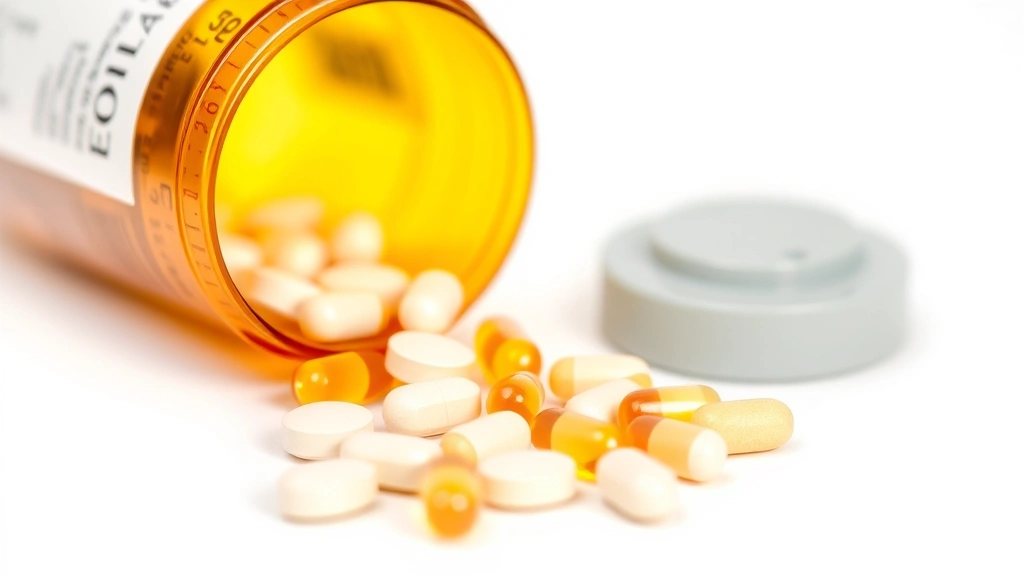 Close-up of amber prescription bottle with dog antibiotic tablets spilling out, veterinary label visible, white background, professional pharmaceutical photography