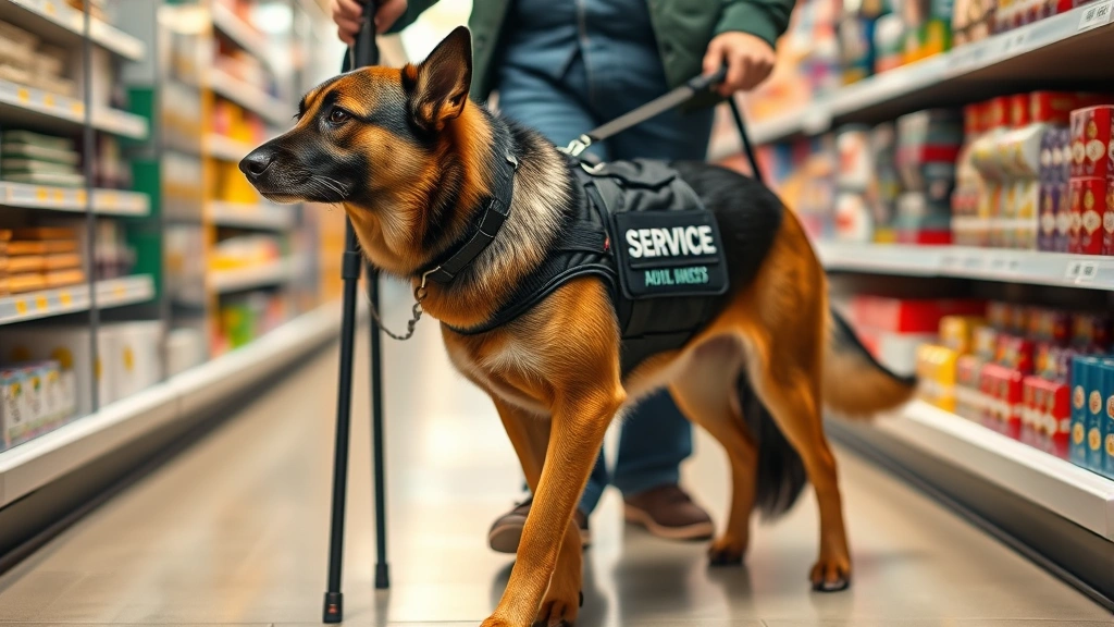 Service dog in vest walking alongside person with cane through retail store aisle, focused and alert, professional training evident