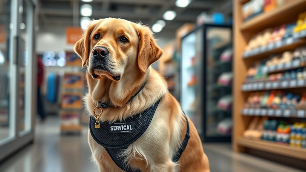 Golden Retriever wearing official service dog vest standing alert inside a retail store, photorealistic professional photography, focus on dog's trained posture and identification