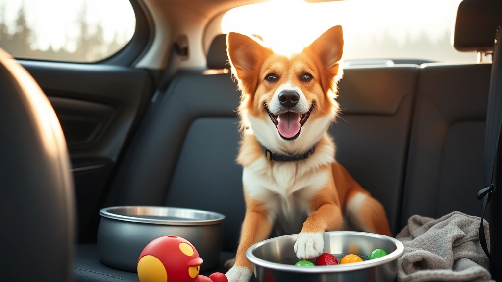 Happy medium-sized mixed breed dog sitting comfortably in a car with water bowl and toys, sunlight through window, peaceful expression, photorealistic pet photography