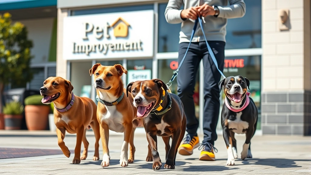 Dog walker with three leashed dogs of different breeds walking on sunny sidewalk outside pet-friendly home improvement store, happy dogs, professional photography