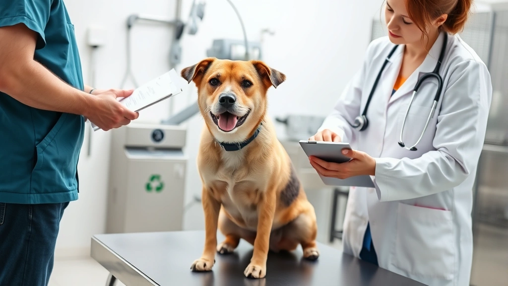 Veterinarian examining medium-sized dog on examination table during consultation, vet holding clipboard with medical notes, dog looking calm, bright clinical setting with stainless steel equipment in background, professional healthcare environment