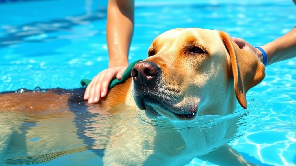 Senior Labrador Retriever enjoying physical therapy in shallow swimming pool with trainer support, dog's face visible above water with gentle expression, outdoor sunny setting, water therapy rehabilitation session