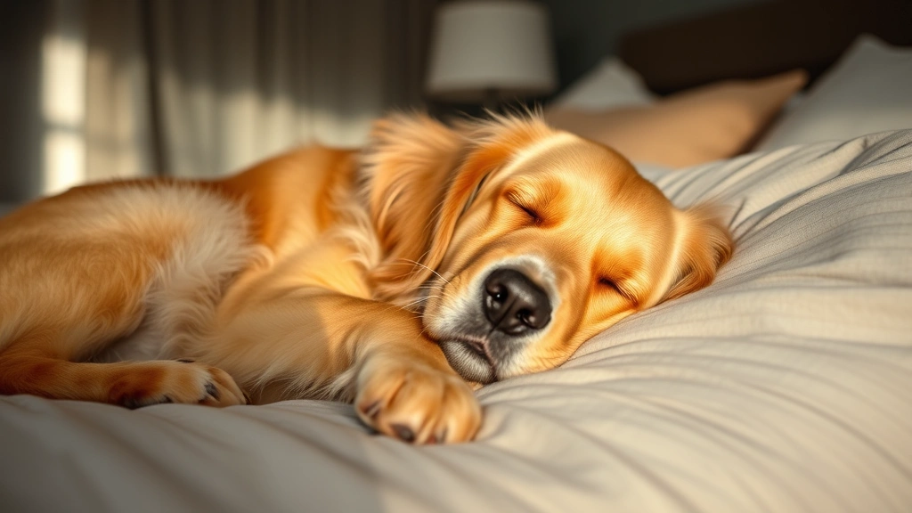 Golden Retriever sleeping peacefully on a comfortable bed in a calm, dimly lit bedroom with soft natural light, relaxed expression