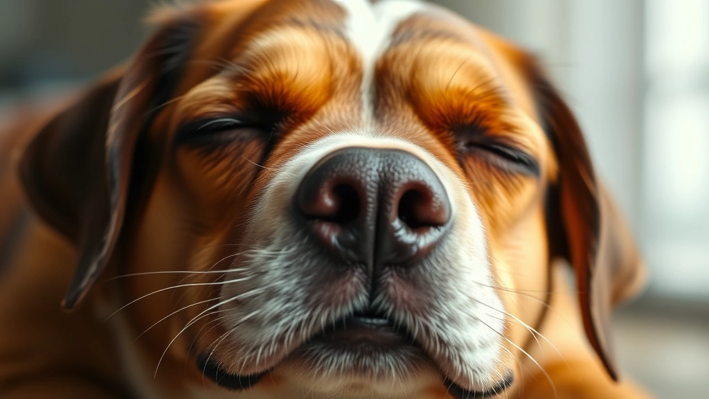 Close-up of a dog's face looking calm and content with drooping eyelids, showing natural relaxation and drowsiness in soft lighting