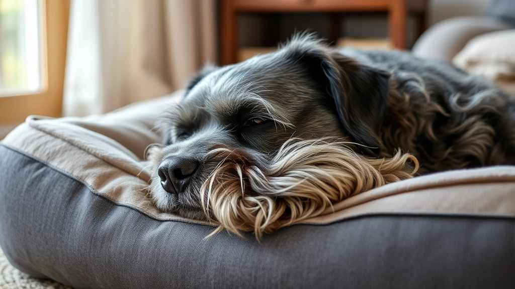 Senior gray-muzzled dog resting comfortably on an orthopedic dog bed, appearing peaceful and well-rested in a quiet home environment