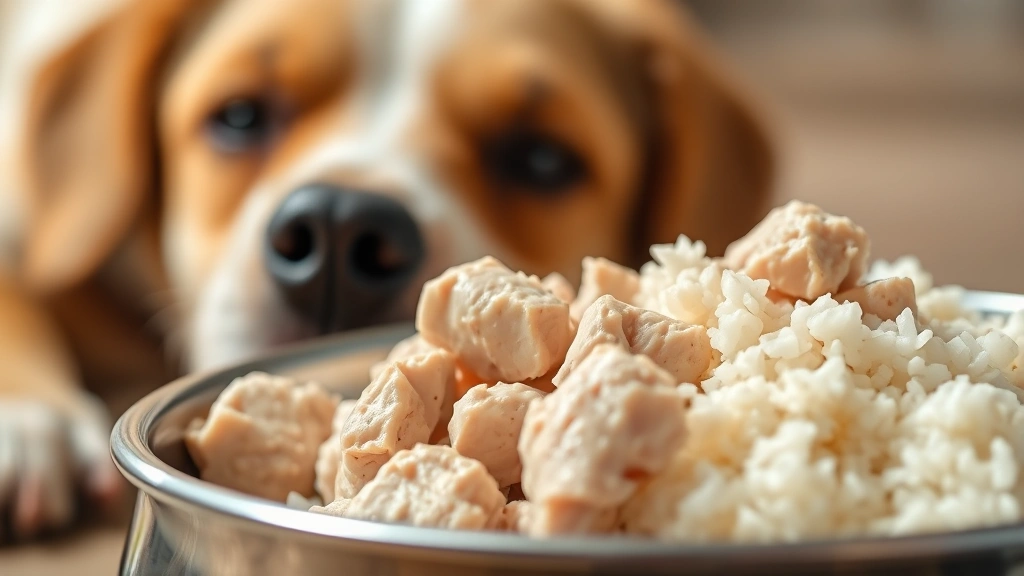 Close-up of dog's food bowl with plain boiled chicken pieces and white rice on stainless steel bowl, warm natural light, shallow focus on food