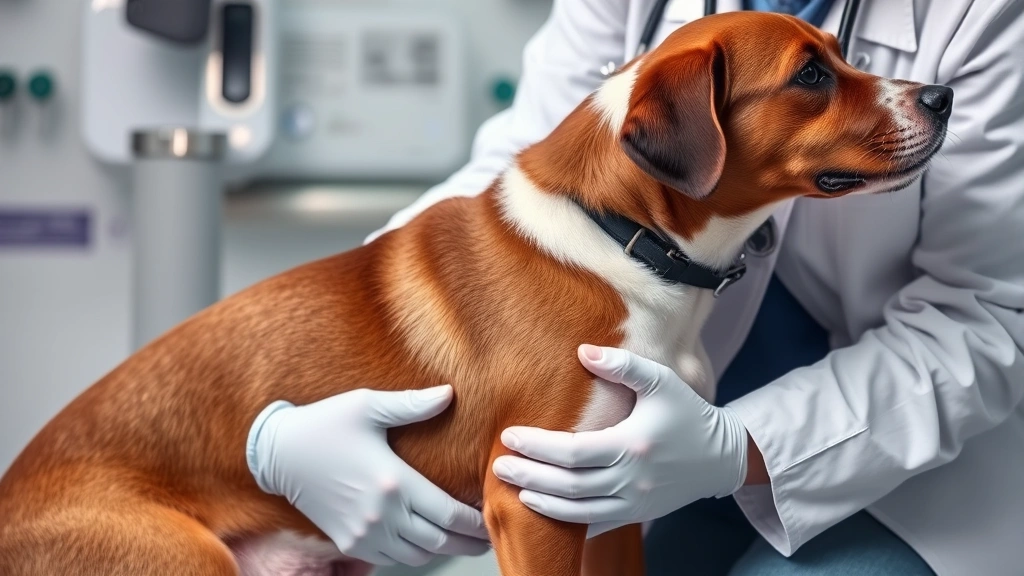 Veterinarian in white coat examining brown and white dog's abdomen during examination, professional clinic setting, soft clinical lighting, caring interaction