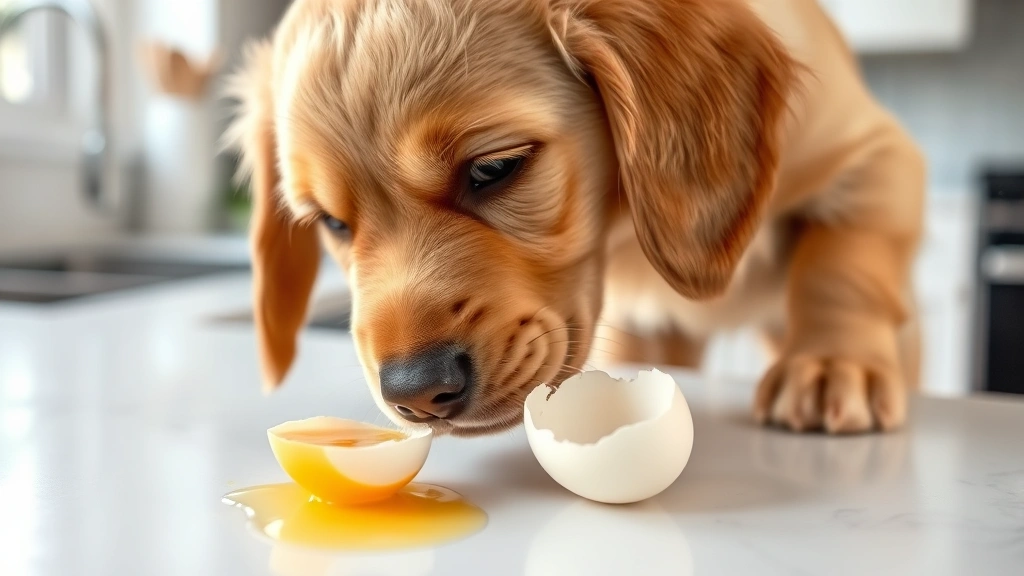 Golden retriever puppy sniffing at a cracked raw egg on a white kitchen counter, curious expression, natural lighting