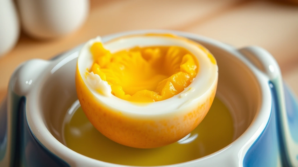 Close-up of a perfectly boiled egg cut in half on a ceramic dog bowl, showing creamy yolk, warm kitchen background